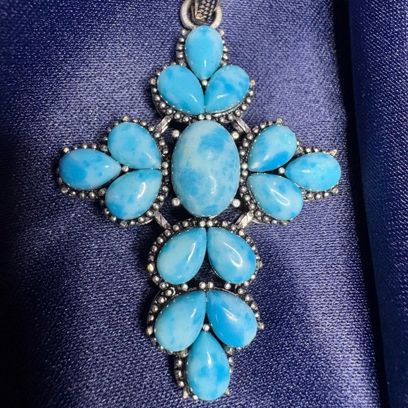 Jewelry - Larimar Gemstone Cross Pendant on 24" Sterling Silver Chain